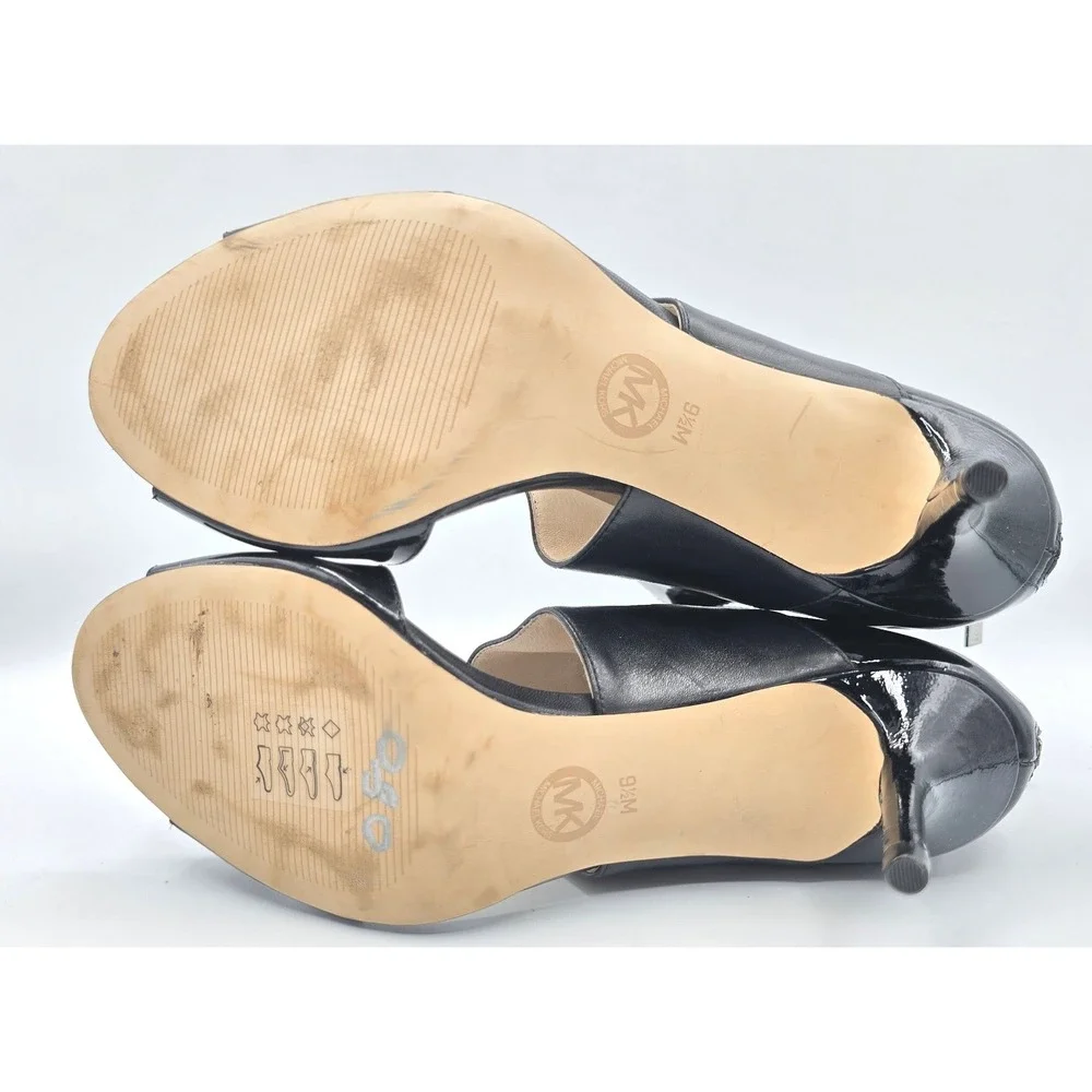 Michael Kors Black Leather Patent Cutout Stiletto Heel Sandals 9.5 Zip Back